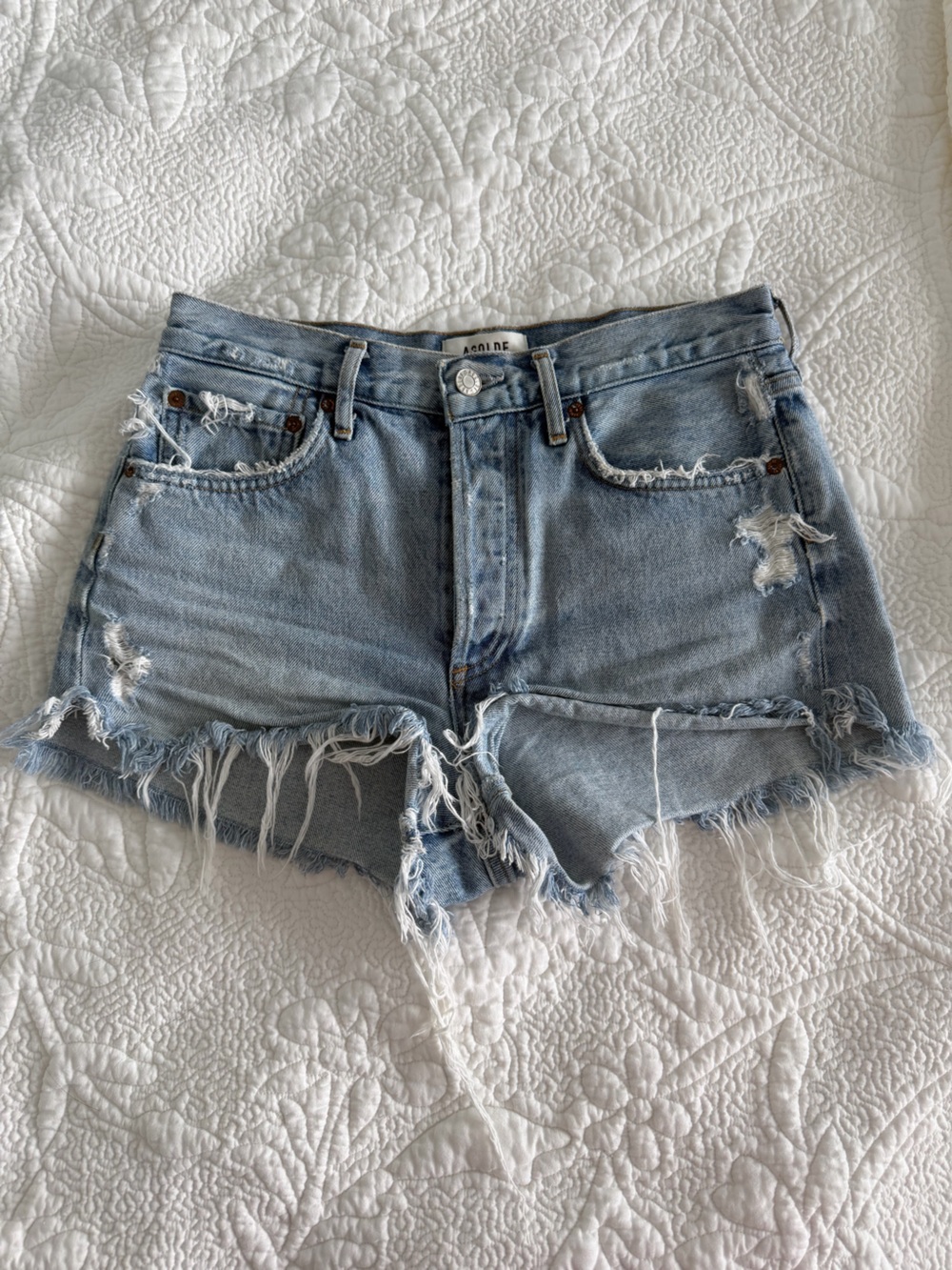 Agolde Light Wash Frayed Hem Denim Shorts